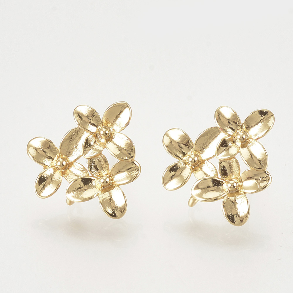 PandaHall Brass Ear Stud Findings, Flower, Real Gold Plated, 14.5x15mm, Hole: 1mm; Pin: 0.8mm Brass