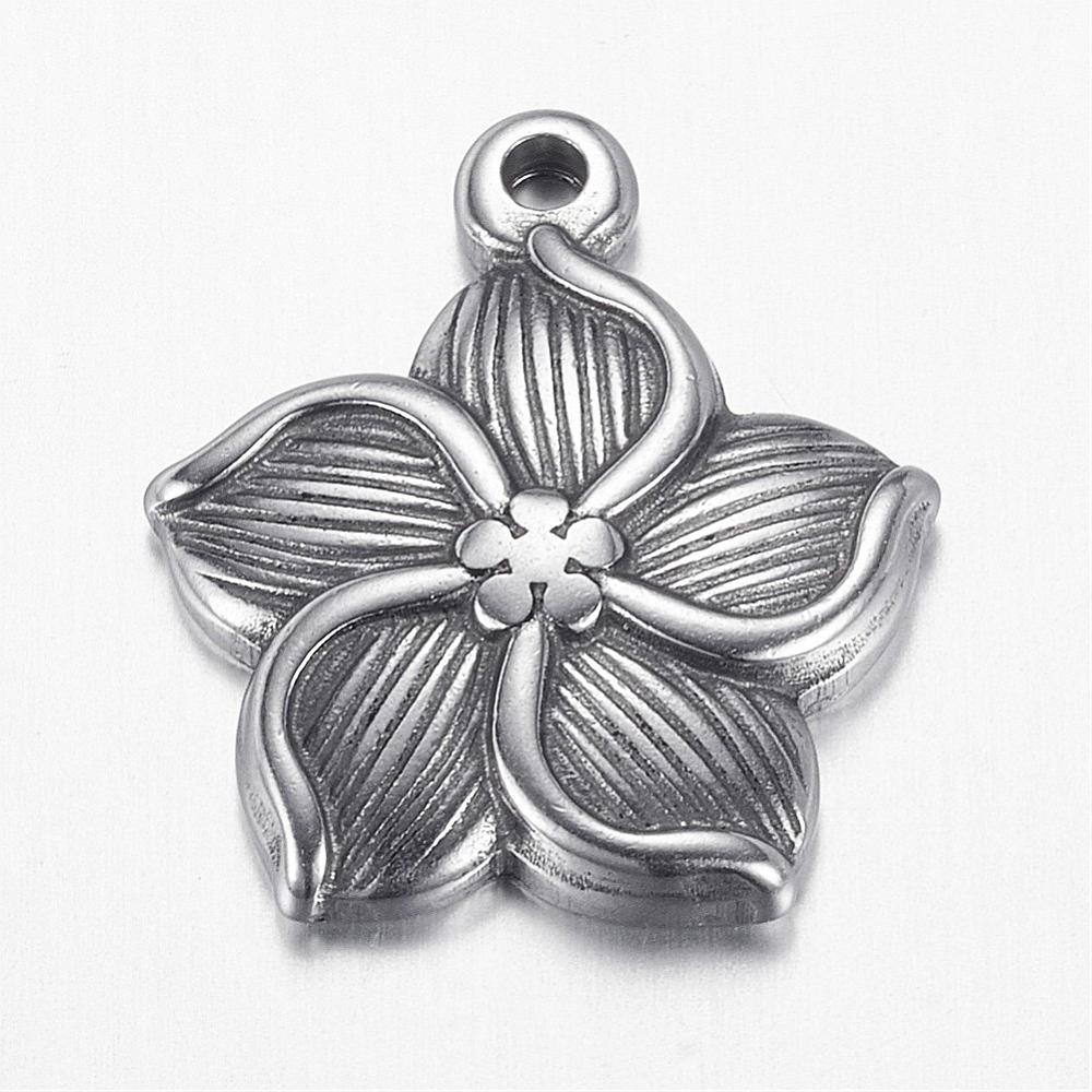 PandaHall 304 Stainless Steel Pendants, Flower, Stainless Steel Color, 19x17x3mm, Hole: 1.5mm Stainless Steel Flower