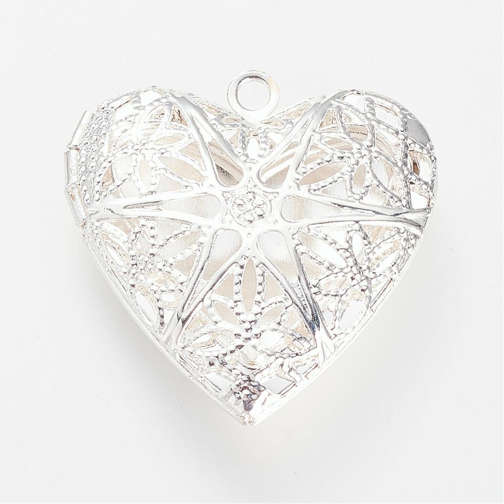 PandaHall Brass Diffuser Locket Pendants, Cage Pendants, Heart, Silver, 26x25.5x6.5mm, Hole: 2mm; inner measure: 19x14mm Brass Heart Silver