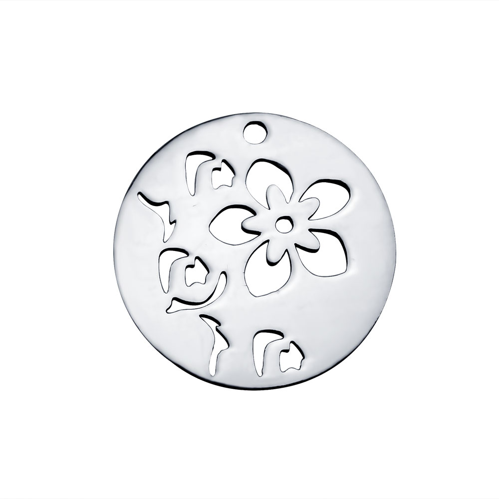 PandaHall 304 Stainless Steel Pendants, Flat Round with Flower, Stainless Steel Color, 20x1.1mm, Hole: 1.5mm Stainless Steel Flat Round