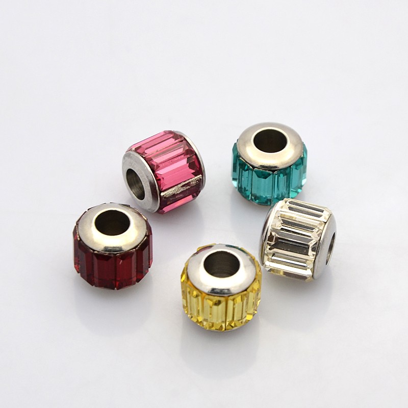 PandaHall Column 304 Stainless Steel Glass European Beads, Faceted, Large Hole Beads, Stainless Steel Color, Mixed Color, 11x10mm, Hole: 5mm...