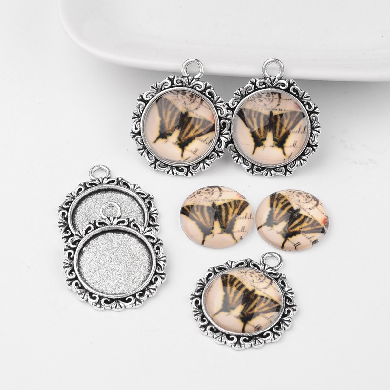 PandaHall Antique Silver Alloy Pendant Cabochon Bezel Settings and Butterfly Printed Glass Cabochons, Flat Round, Colorful, 30x25x7mm, Hole...