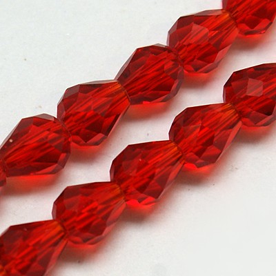 PandaHall Glass Beads Strands, Faceted, Drop, Red, 12x8mm; Hole: 1mm, about 60pcs/strand, 28.3" Glass Drop Red