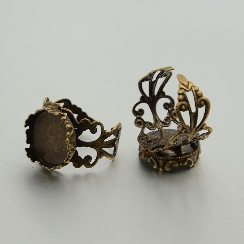 PandaHall Adjustable Brass Filigree Ring Setting Components, Flat Round Pad Ring Bases, Nickel Free, Antique Bronze, 18mm, Tray: 14mm Brass