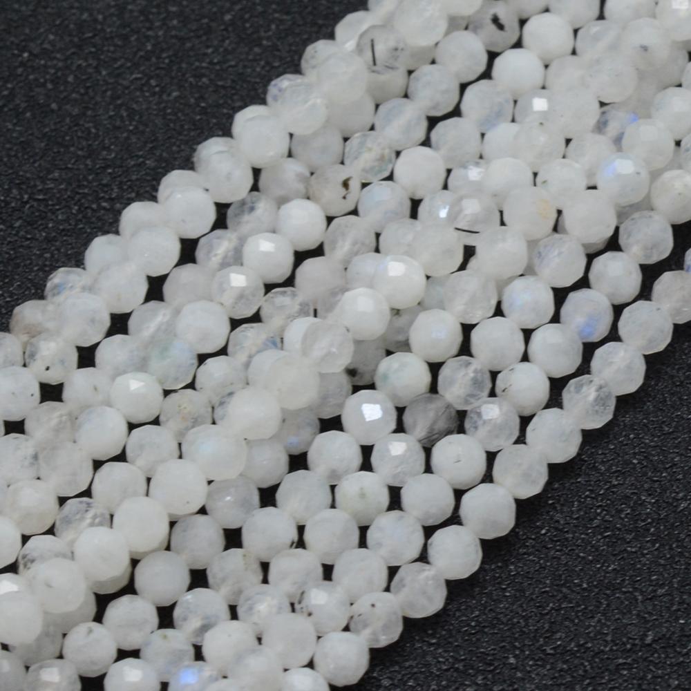 PandaHall Natural Moonstone Beads Strands, Round, Faceted, 4mm, Hole: 0.7mm; about 105pcs/strand, 15.35"(39cm) Moonstone Round