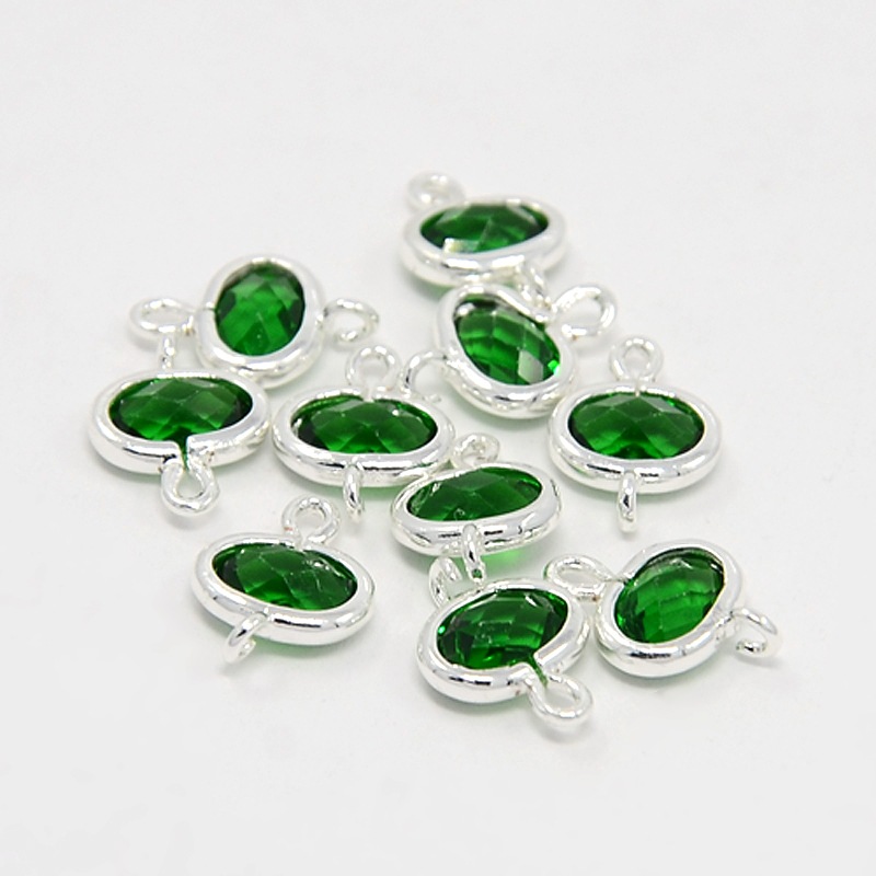 PandaHall Silver Plated Brass Glass Links, Faceted Oval, Green, 12x8x3mm, Hole: 1mm Glass Oval Silver
