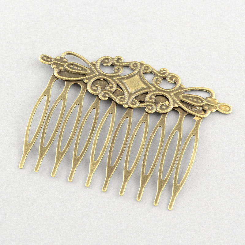 PandaHall Iron Hair Comb Findings, with Brass Flower, Antique Bronze, 38x52mm; Flower: 20x65mm Iron