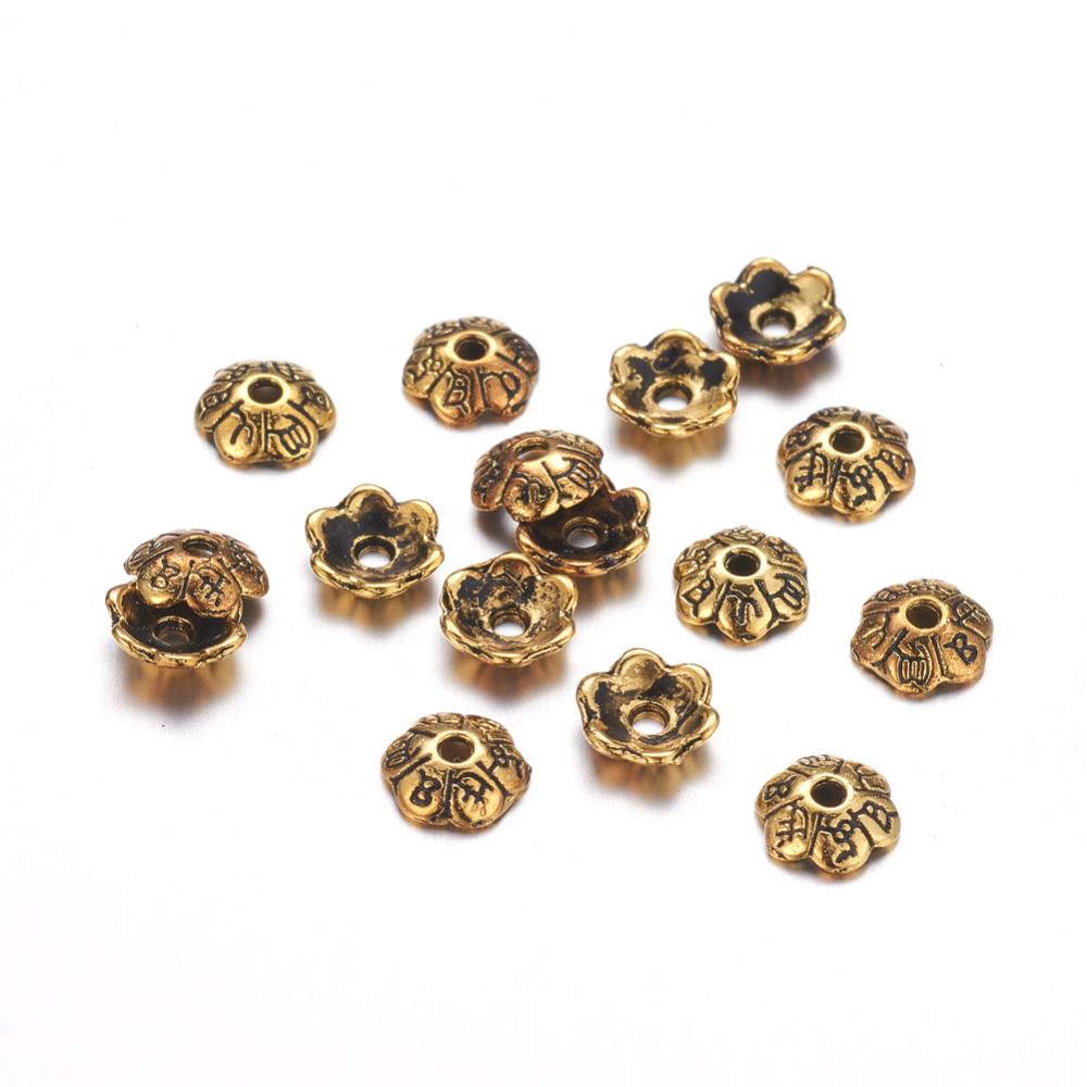 PandaHall 6-Petal Tibetan Style Alloy Flower Bead Caps, Lead Free , Antique Golden, 6x2mm, Hole: 1mm Alloy