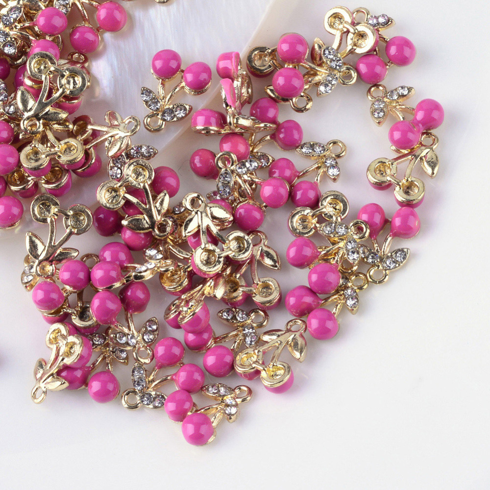 PandaHall Cherry Alloy Rhinestone Enamel Charms, PaleVioletRed, 10.5x8.5x3.5mm, Hole: 1.5mm Alloy Rhinestone+Enamel Cherry Pink