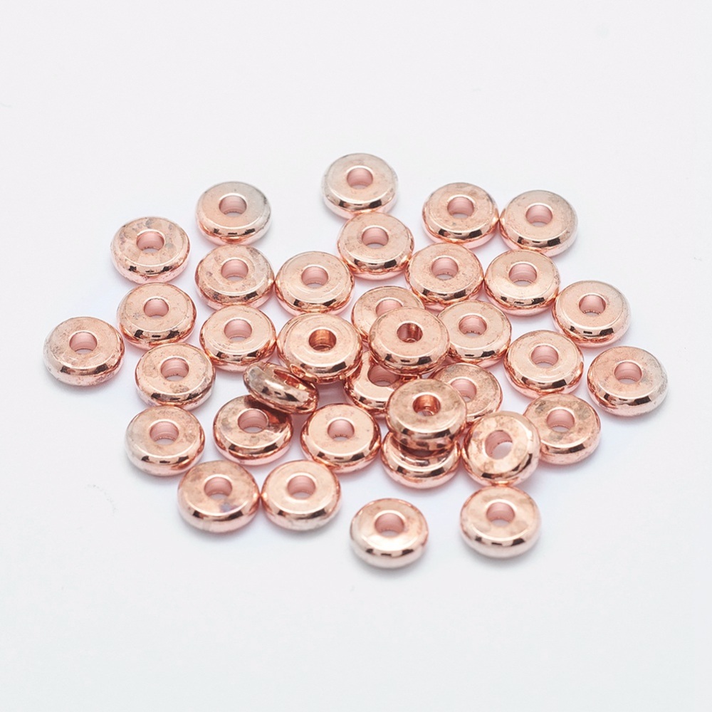 PandaHall Brass Bead Spacers, Flat Round, Rose Gold, 6x2mm, Hole: 2mm Brass Flat Round