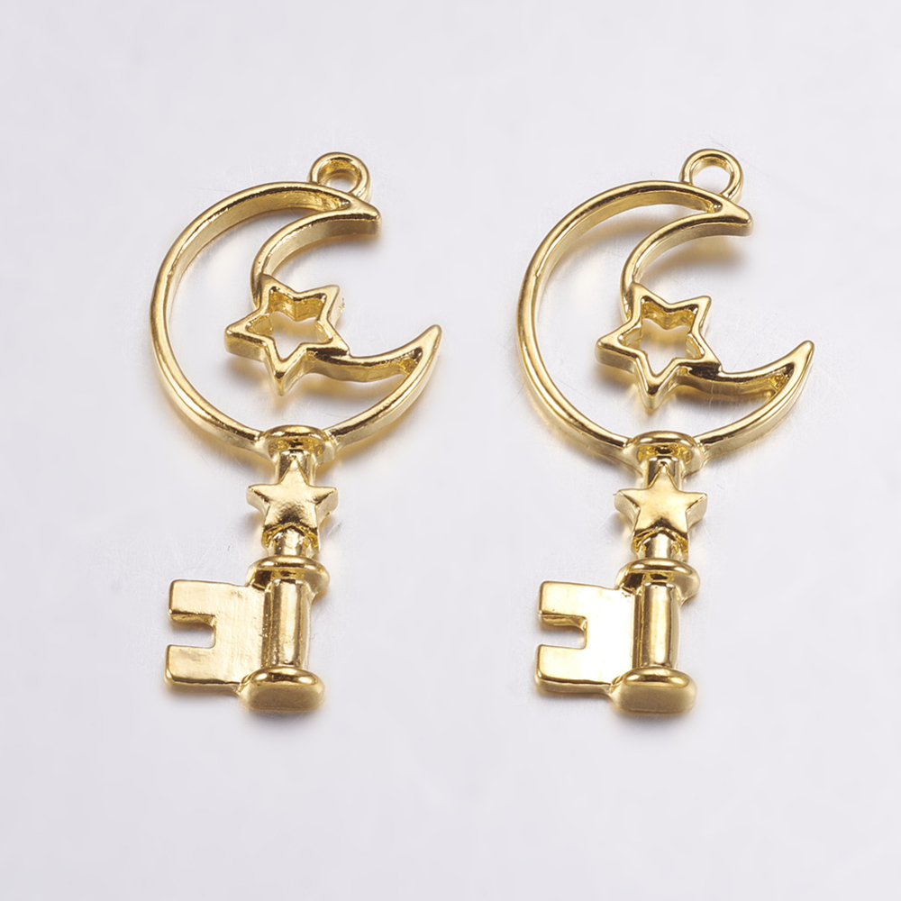 PandaHall Alloy Open Back Bezel Pendants, For DIY Resin, Pressed Flower Jewelry, Key with Moon, Golden, 37x18x3mm, Hole: 2mm Alloy Key