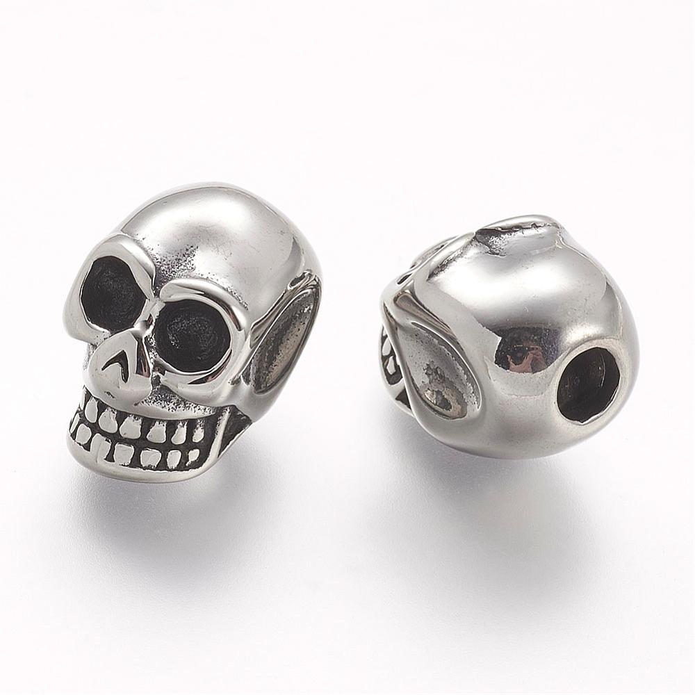 PandaHall 304 Stainless Steel European Beads, Skull, Large Hole Beads, Antique Silver, 17x11x13mm, Hole: 4mm Stainless Steel Skull