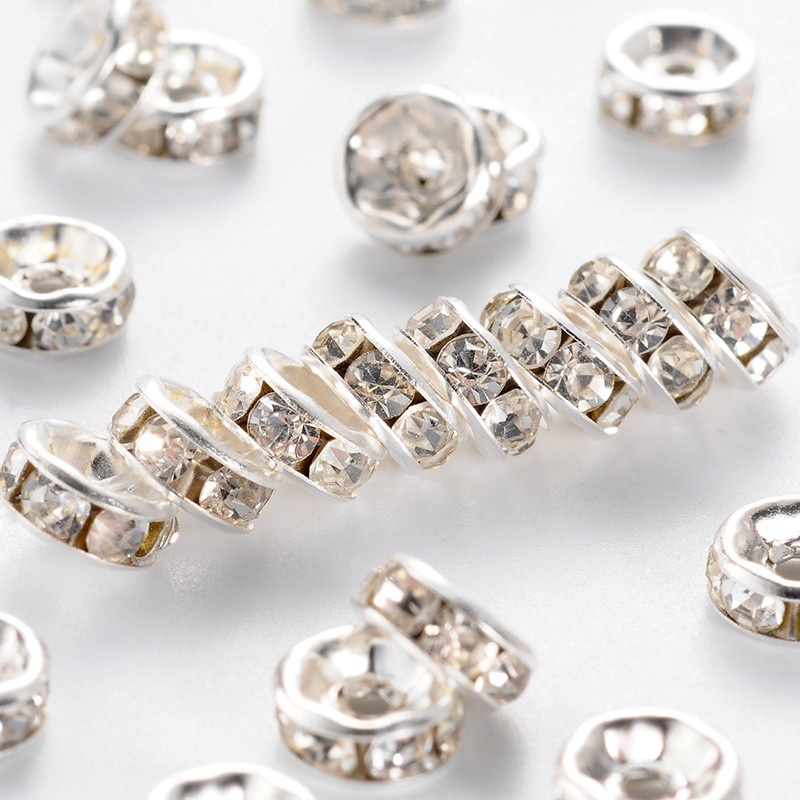 PandaHall Flat Round Brass Grade A Rhinestone Spacers Beads, Silver, Crystal, 6x3mm, Hole: 1.5mm Brass+Rhinestone Flat Round