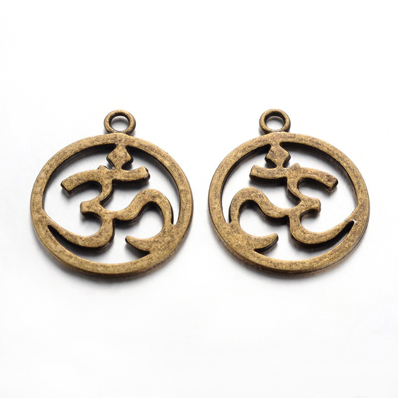 PandaHall Tibetan Style Alloy Pendants, Flat Round with Ohm/Aum Design, Cadmium Free & Nickel Free & Lead Free, Antique Bronze, 22.5x19x2mm...