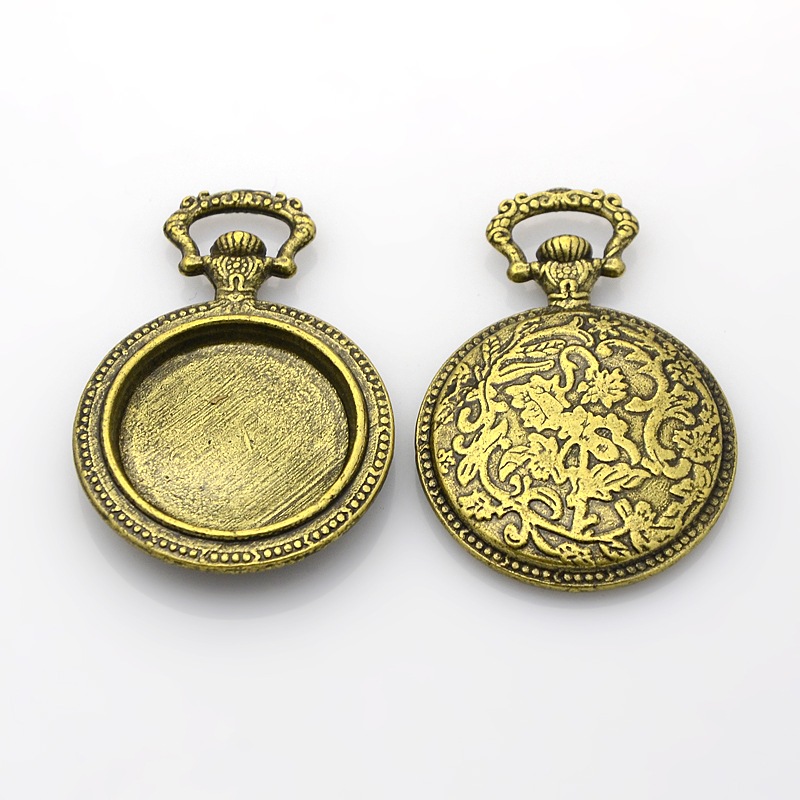 PandaHall Flat Round Alloy Pendant Cabochon Settings, Nickel Free, Antique Bronze, Tray: 19mm; 38x27x4mm, Hole: 5x9mm Alloy Flat Round