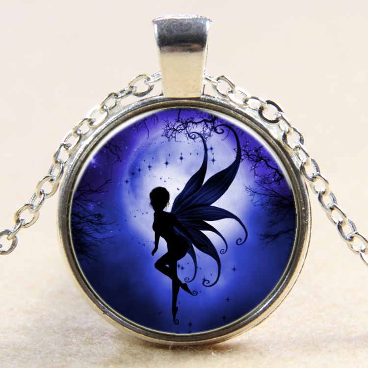 PandaHall Fairy Pattern Flat Round Glass Pendant Necklaces, Halloween, with Alloy Chains, Silver, 18" Alloy