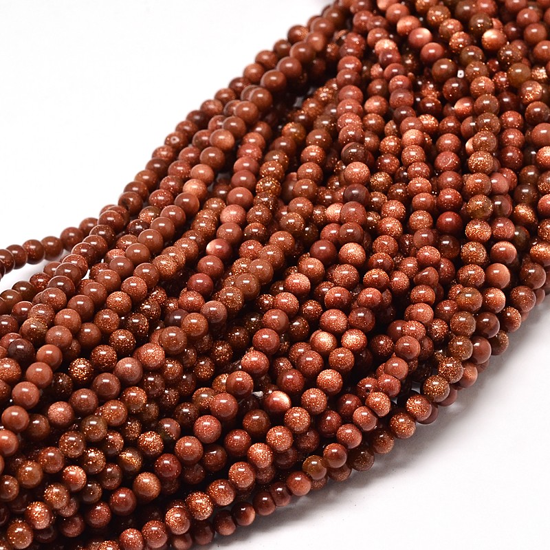 PandaHall Synthetic Goldstone Round Bead Strands, 4mm, Hole: 1mm; about 98pcs/strand, 16" Goldstone Round
