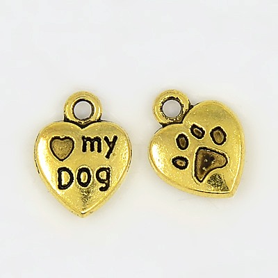 PandaHall Tibetan Style Charms Pendants, Lead Free, Heart with word Love My Dog, Antique Golden, 13x10x3mm, Hole: 2mm Alloy Heart