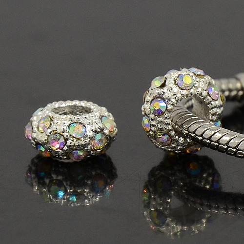 PandaHall Alloy Rhinestone European Beads, Large Hole Beads, Rondelle, Silver Metal Color, Crystal AB, 11x6mm, Hole: 5mm Rondelle Green