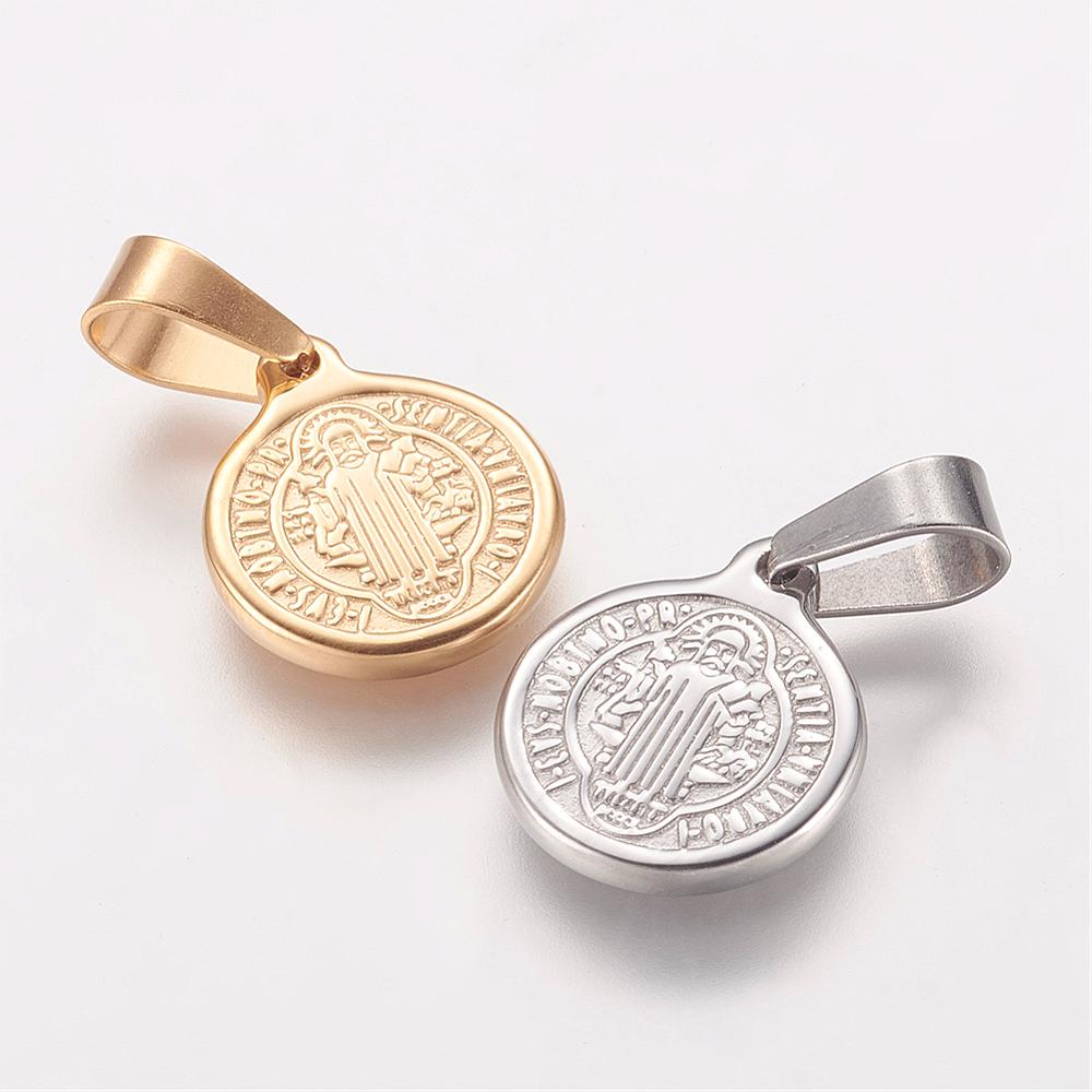 PandaHall 304 Stainless Steel Pendants, Flat Round with Cssml Ndsmd Cross God Father Religious Christianity, Mixed Color, 16x13x2mm, Hole...