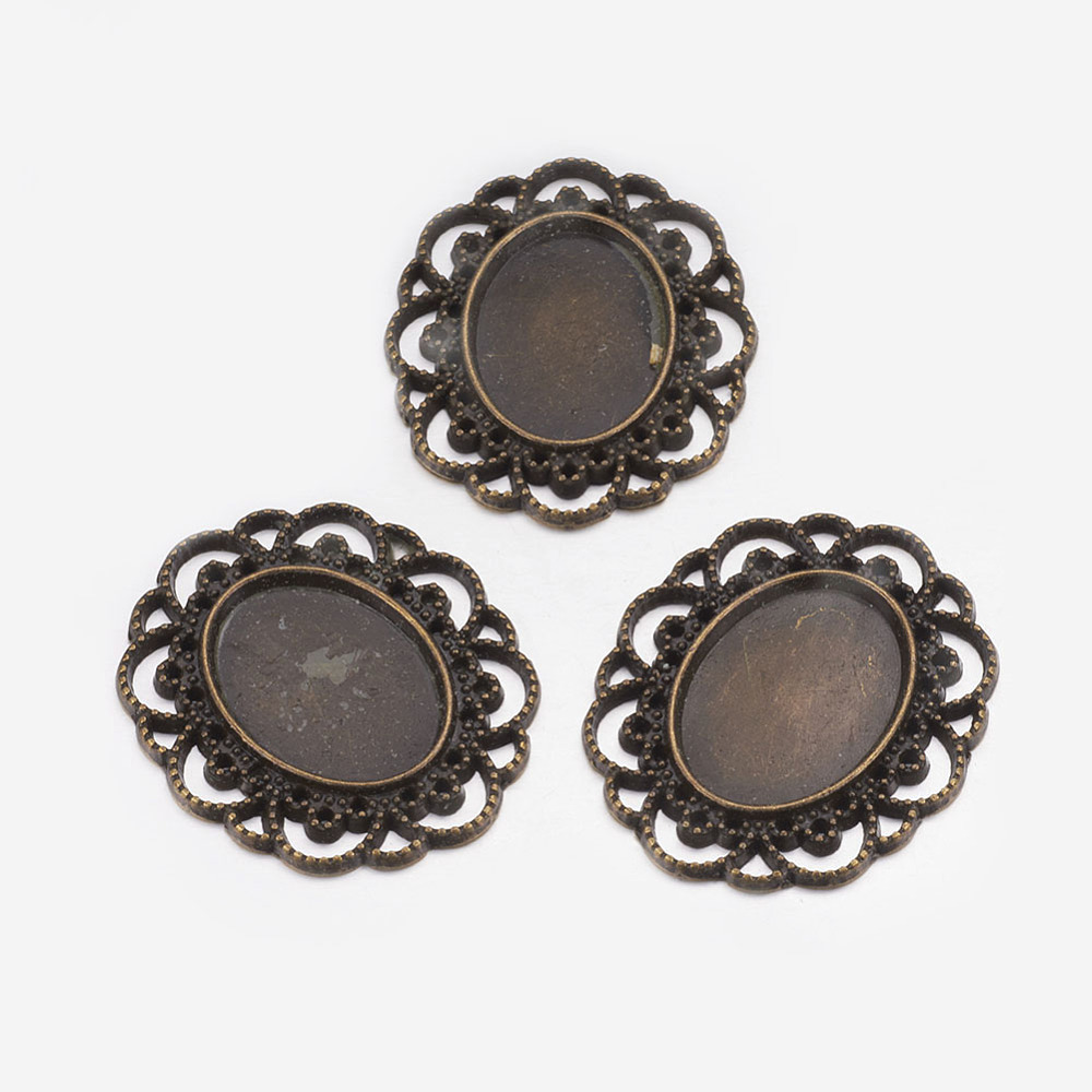 PandaHall Tibetan Style Cabochon Setting, Oval, Antique Bronze, Lead Free and Cadmium Free, 42x34.5x3.5mm, Hole: 1mm; Tray: 26x20mm Alloy