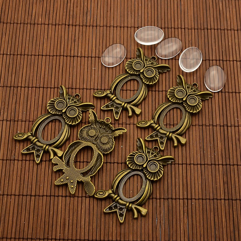 PandaHall 25x18mm Transparent Glass Cabochons and Tibetan Style Big Owl Pendant Cabochon Settings for Halloween, Cadmium Free & Nickel Free...