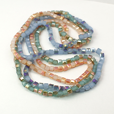 PandaHall Electroplate Glass Beads Strands, Imitation Jade, Half Plated, Faceted Cube, Mixed Color, 4x4x4mm, Hole: 1mm; about 100pcs/strand...