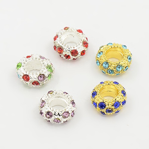 PandaHall Alloy Rhinestone European Beads, Large Hole Beads, Rondelle, Mixed Color, 12x6mm, Hole: 5mm Rondelle Multicolor