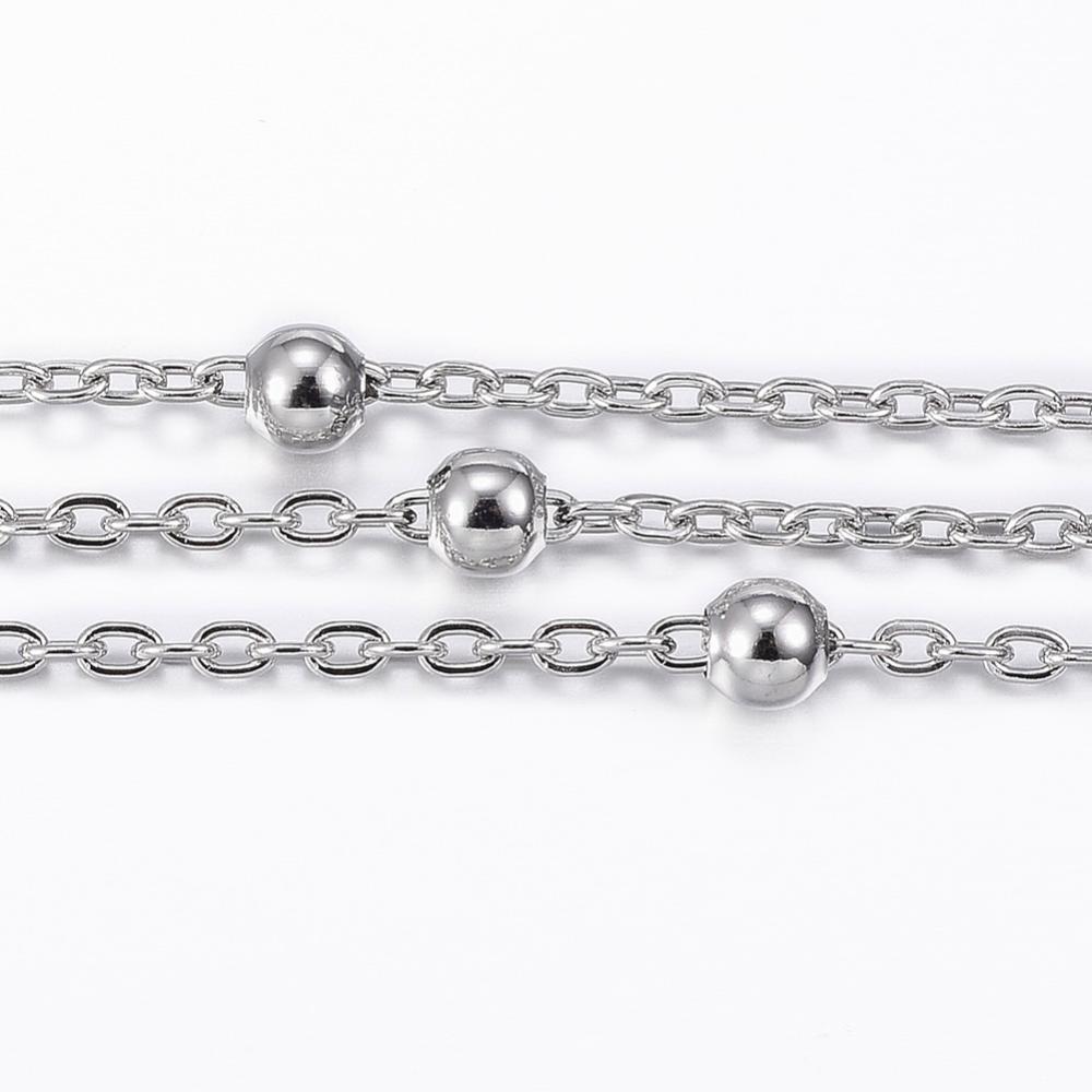 PandaHall 304 Stainless Steel Cable Chains, with Spool, Steel Beads, Stainless Steel Color, 2.5x1.5x0.3mm; about 10m/roll Stainless Steel