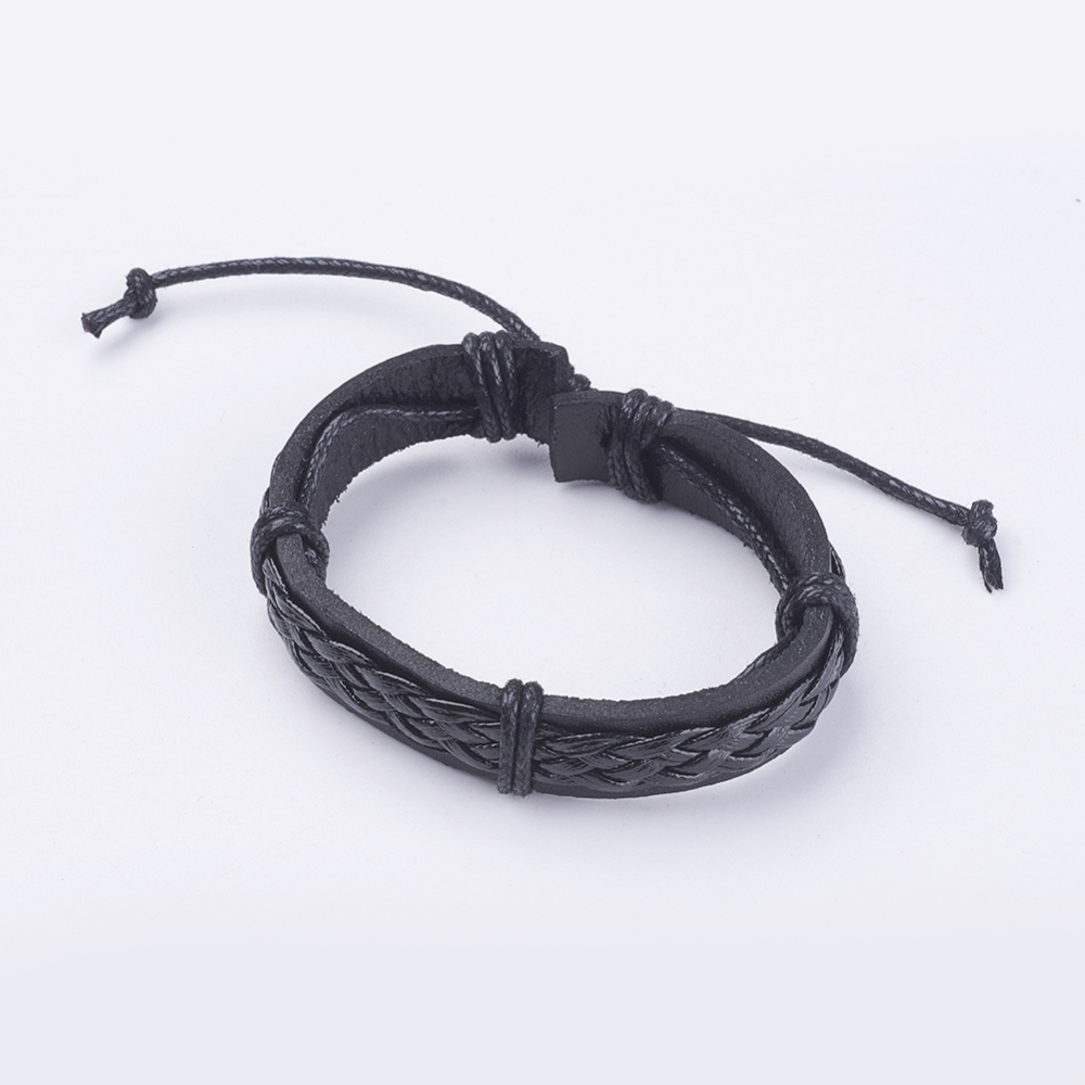 PandaHall Adjustable Unisex Cowhide Cord Bracelets, Black, 2-3/8"(60mm) Leather Black