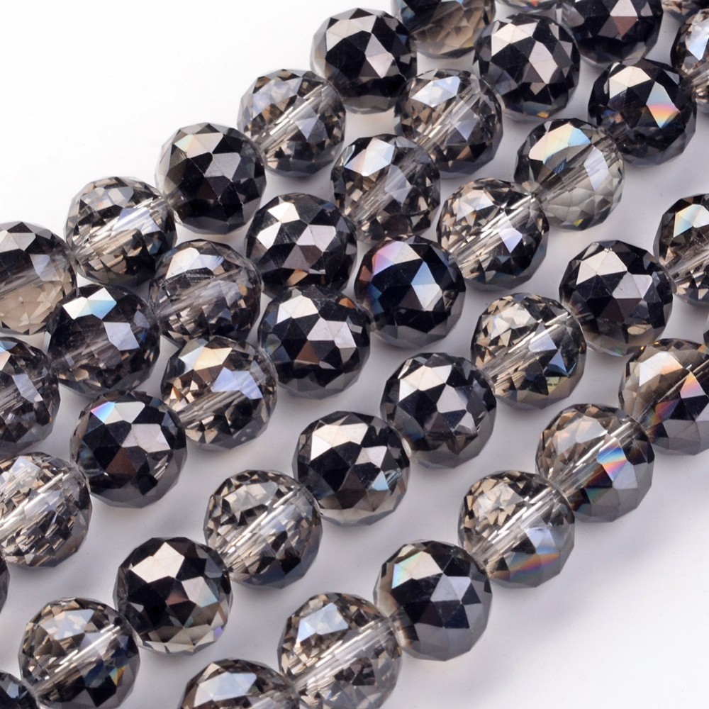 PandaHall Electroplate Glass Bead Strands, Half Plated, Faceted, Round, Black Plated, 13.5mm, Hole: 2mm; about 18pcs/strand, 9"(23cm) Glass...