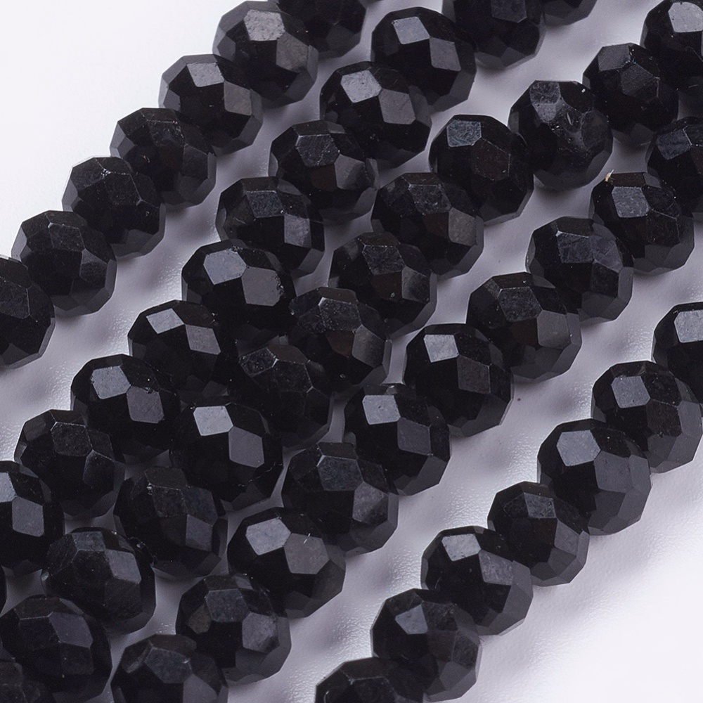 PandaHall Rondelle Opaque Solid Color Faceted Glass Beads Strands, Black, 6x4mm, Hole: 1mm; about 101pcs/strand, 18.5" Glass Rondelle Black