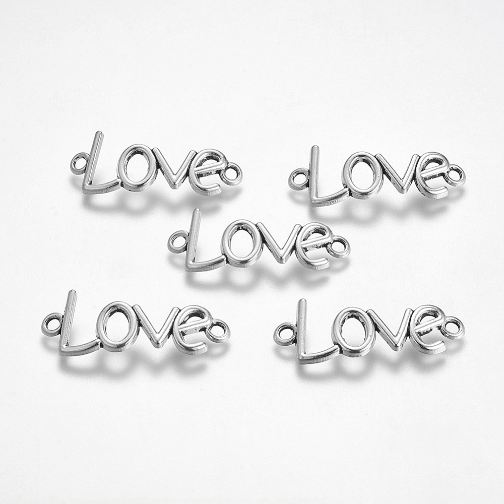 PandaHall Gift Idea for Valentines Day to Girlfriend Tibetan Style Links, Lead Free, Love, Antique Silver, 15.5x40x2mm, Hole: 3mm Alloy Word