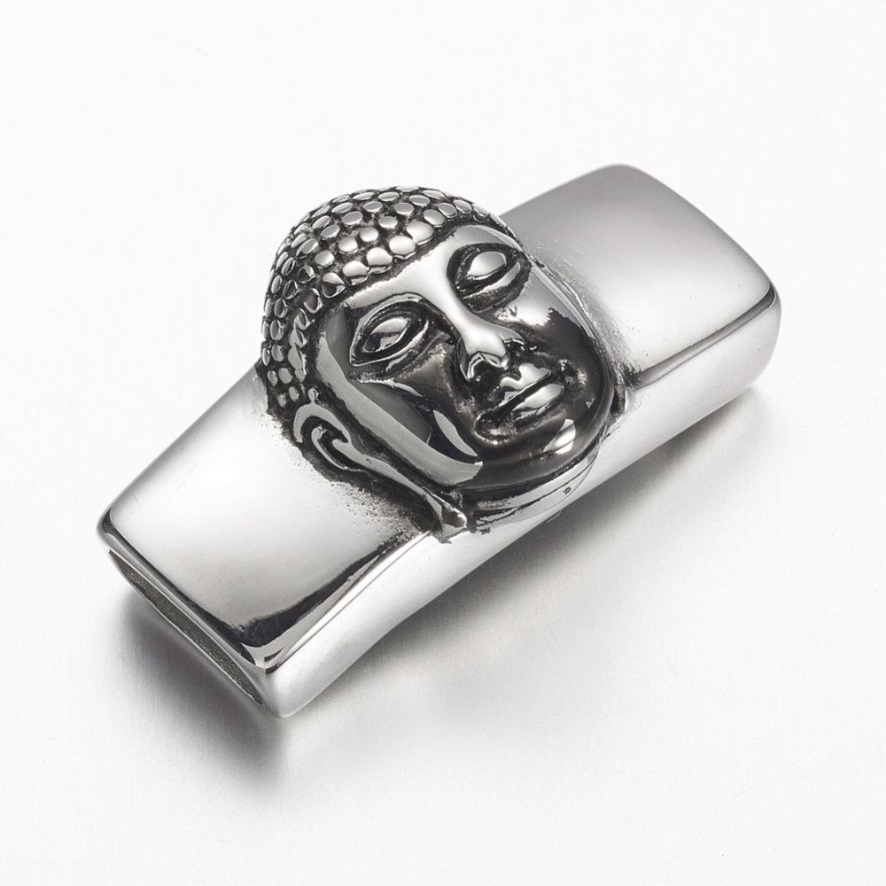 PandaHall 304 Stainless Steel Slide Charms, Rectangle with Buddha, Antique Silver, 41.5x24x16mm, Hole: 6.5x13mm Stainless Steel Rectangle