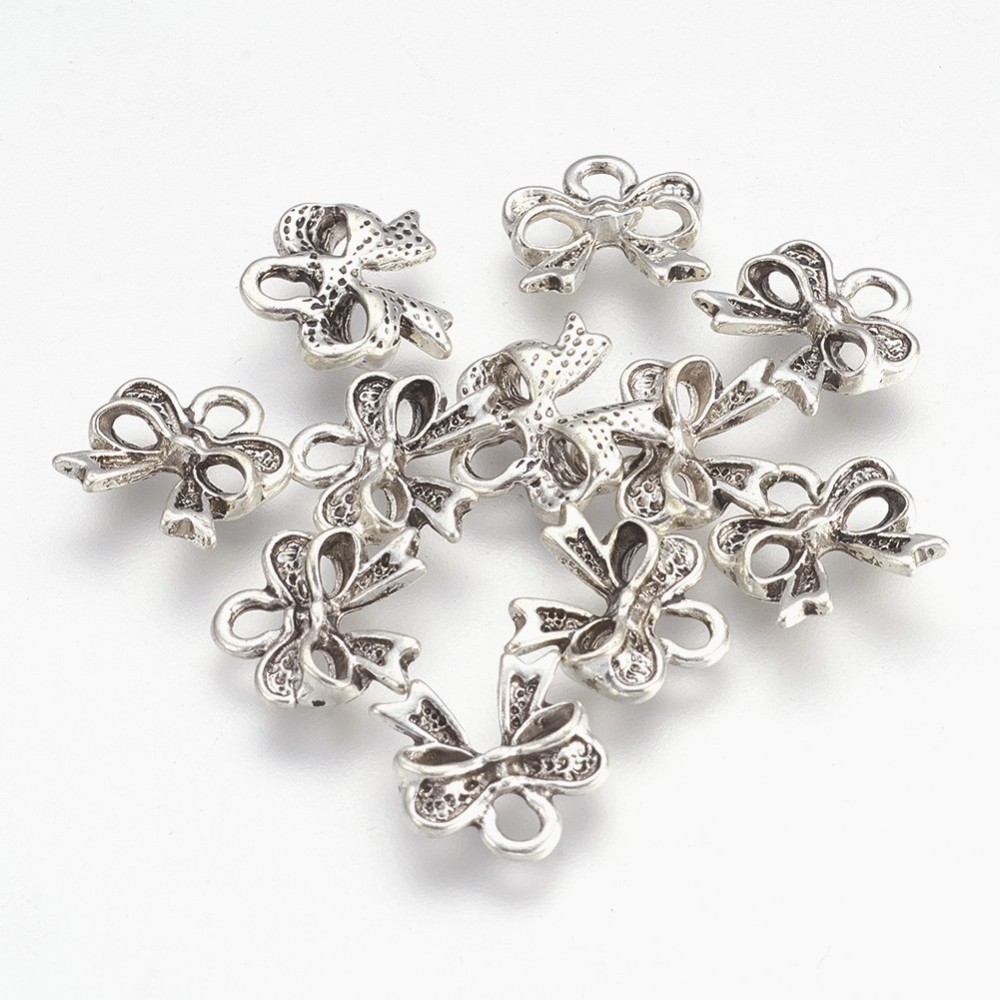 PandaHall Alloy Charms, Lead Free and Cadmium Free, Bowknot, Antique Silver, 10x13x4.5mm, Hole: 1mm Alloy Bowknot