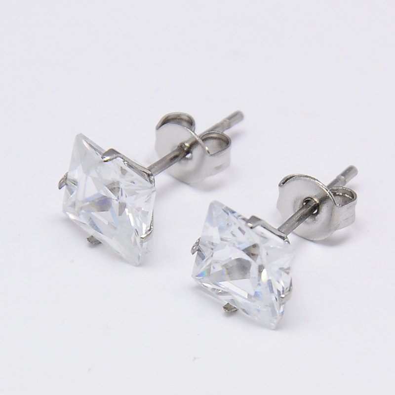 PandaHall Cubic Zirconia Ear Studs, with Stainless Steel Base, Stainless Steel Color, 4x4mm, Pin: 0.7mm Cubic Zirconia