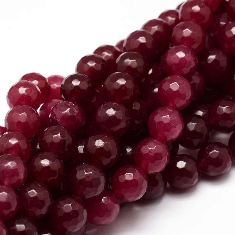 PandaHall Dyed Natural White Jade Round Beads Strands, Faceted, Cerise, 10mm, Hole: 1mm; about 38pcs/strand, 14.5" White Jade Round Red