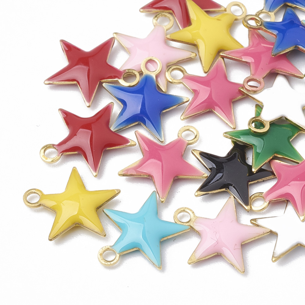 PandaHall Brass Charms, with Enamelled Sequins, Unplated, Star, Mixed Color, 10.5x10x1.5mm, Hole: 1mm Brass+Enamel Star Multicolor