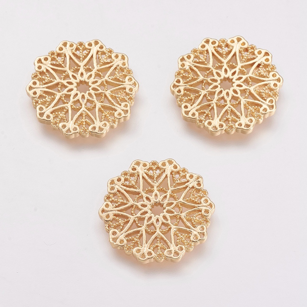PandaHall Brass Filigree Joiners Links, Real Gold Plated, Hollow Flower, 20x1.5mm Brass Flower