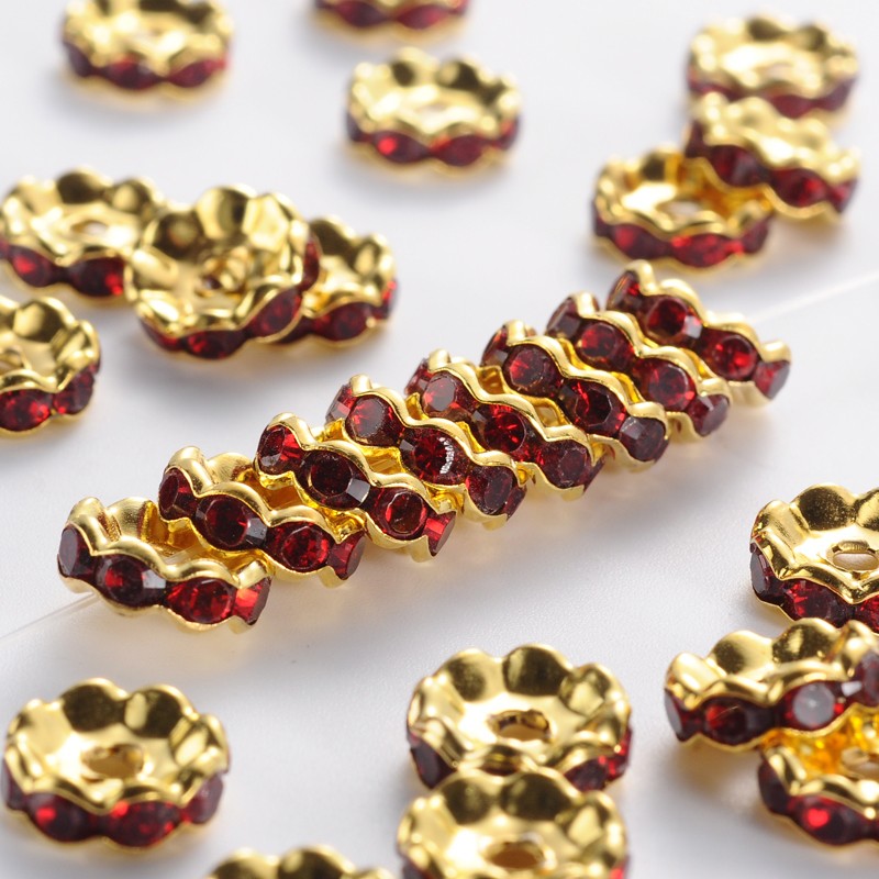 PandaHall Golden Plated Flat Round Brass Acrylic Rhinestone Spacer Beads, Wavy Edge, DarkRed, 10x4mm, Hole: 2mm Brass+Acrylic Rhinestone...
