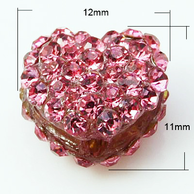 PandaHall Resin Rhinestone Beads, Grade A, Heart, Pink, 12x11x8mm, Hole: 2mm Resin+Rhinestone Heart Pink