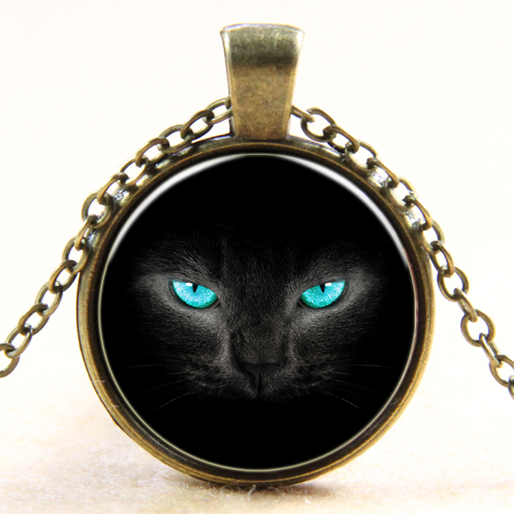 PandaHall Cat Pattern Flat Round Glass Pendant Necklaces, with Alloy Chains, Antique Bronze, 18" Alloy