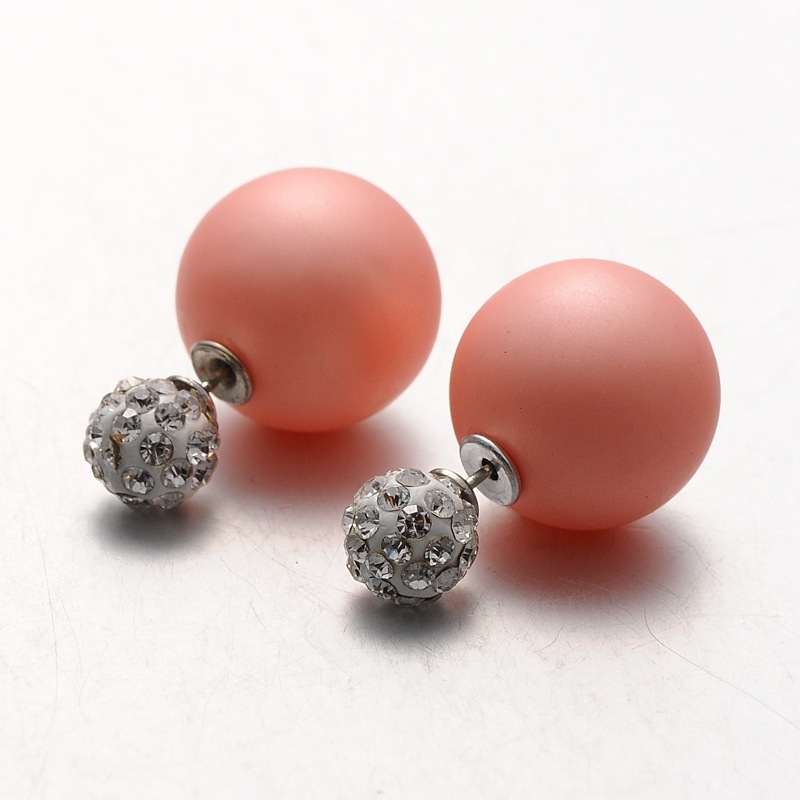 PandaHall Frosted Plastic Pearl with Polymer Clay Rhinestone Ball Stud Earrings, LightSalmon, 8~16mm, Pin: 0.8mm Plastic Red
