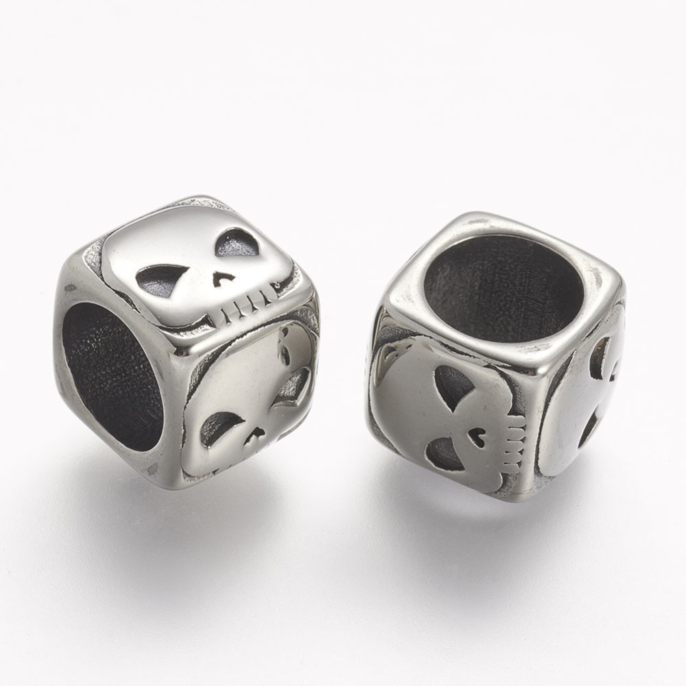 PandaHall 304 Stainless Steel Beads, Cube with Skull, Large Hole Beads, Antique Silver, 12.5x12.5x10.5mm, Hole: 8mm Stainless Steel Cube