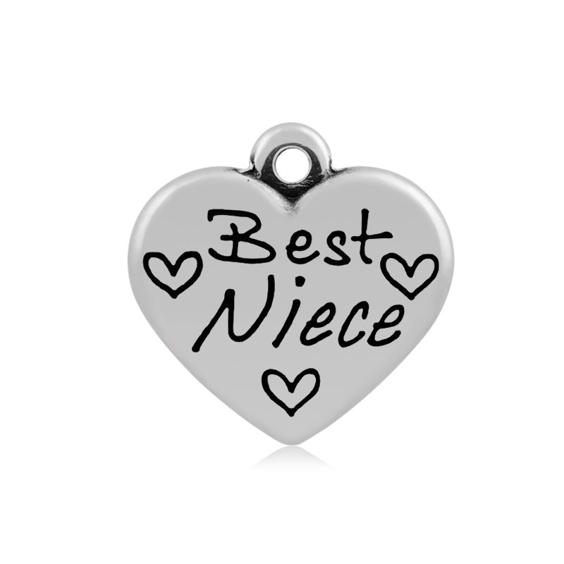 PandaHall Heart with Word Best Niece 316 Stainless Steel Pendants, Antique Silver, 16x16.5x4mm, Hole: 2mm Stainless Steel Heart