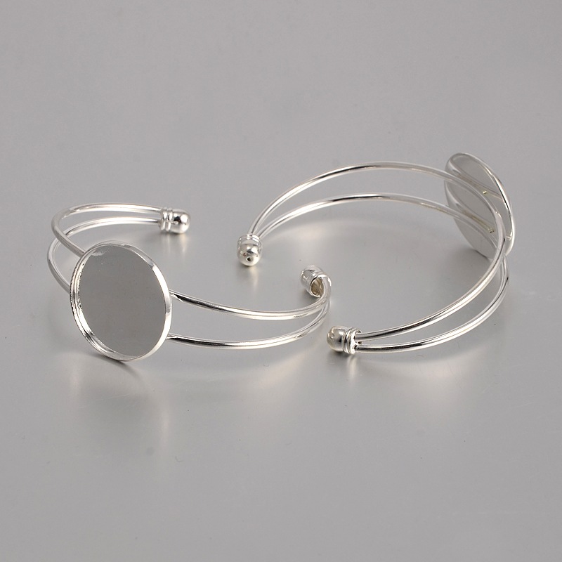 PandaHall Brass Cuff Bangle Makings, Bangle Blanks, with Flat Round Tray, Silver, 60mm, Tray: 25mm Brass Silver