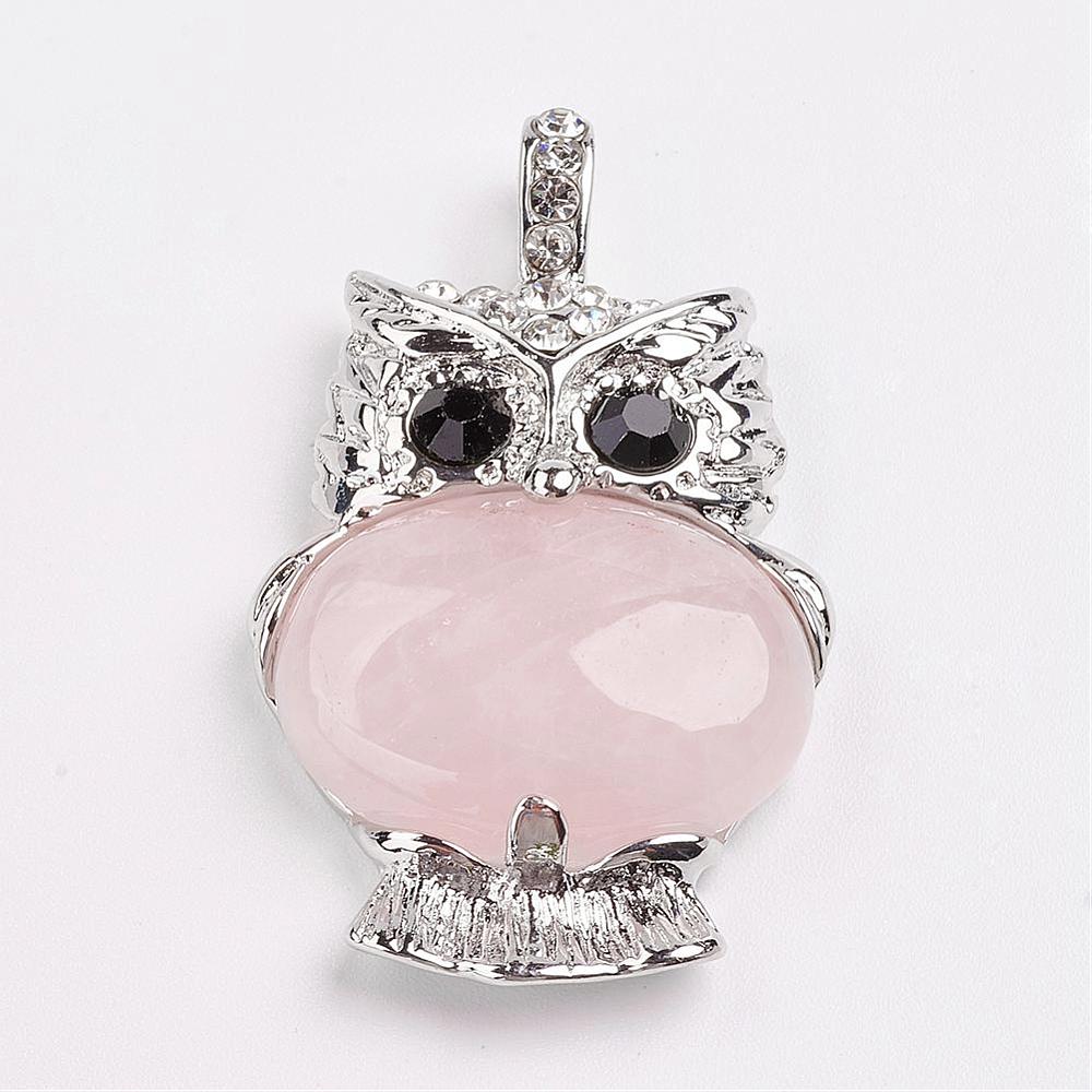 PandaHall Natural Rose Quartz Pendants, with Rhinestone and Brass Findings, Owl, Platinum, 45.5x26.5x8mm, Hole: 4x7mm Rose Quartz Owl