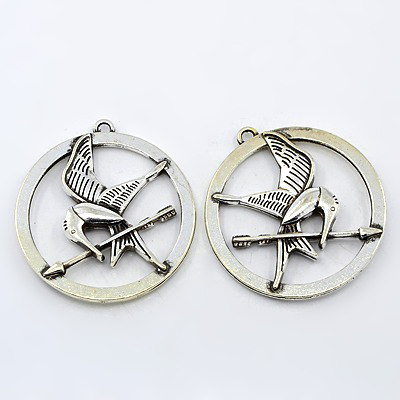 PandaHall Tibetan Style Hunger Games Necklace Pendants, Ring with Bird, Antique Silver, 50x46x6mm, hole: 3mm Alloy Ring