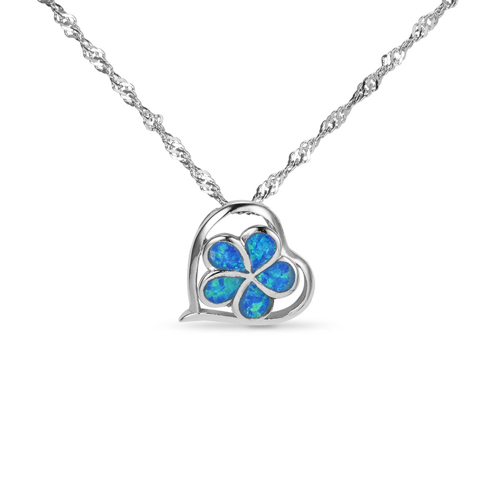 PandaHall SHEGRACE&reg Sweet Style Sterling Silver Pendant Necklace, with Blue Opalite Flower in Heart Pendant, Silver, 17.7" Sterling...