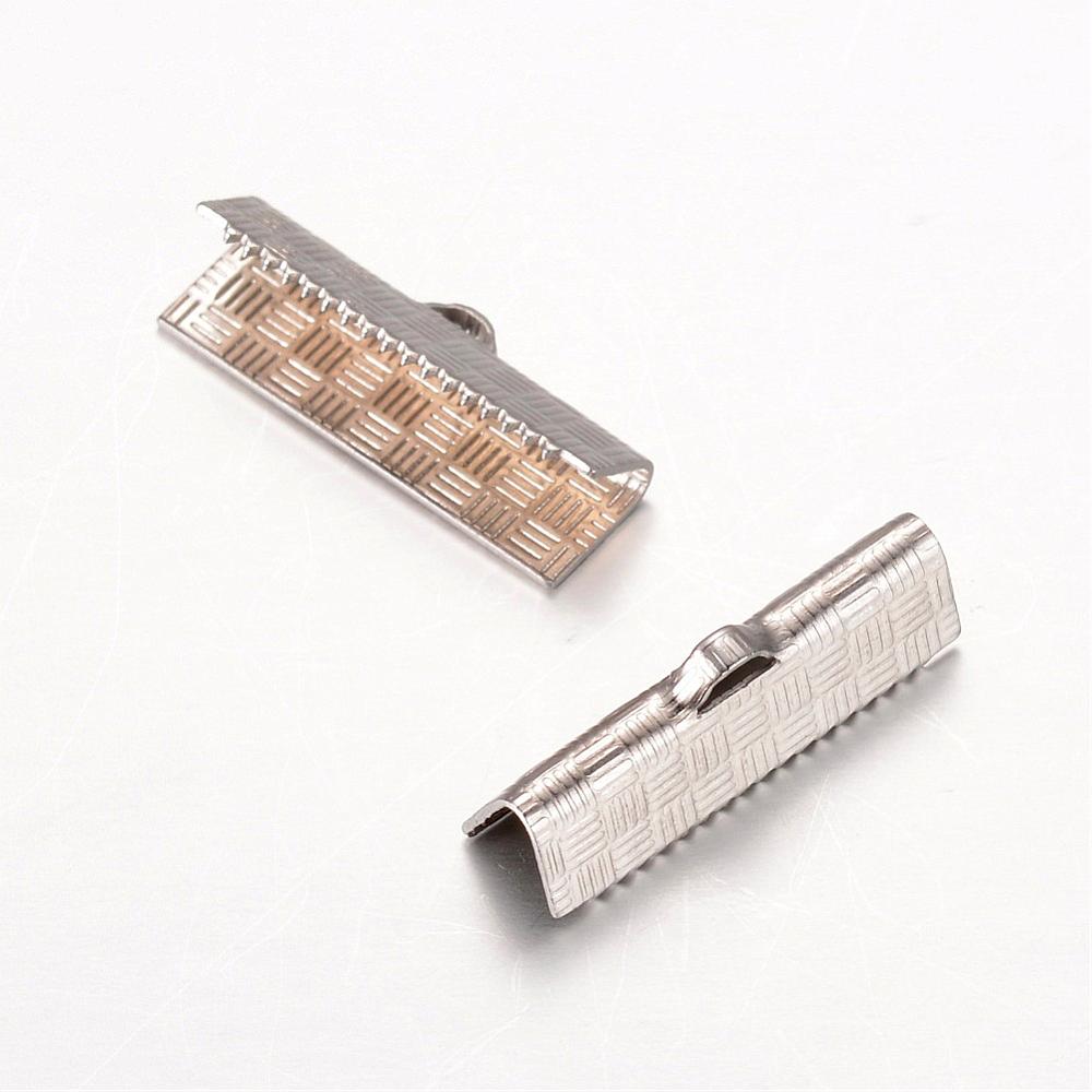 PandaHall Rectangle 304 Stainless Steel Ribbon Ends, Stainless Steel Color, 20x5.5x7mm, Hole: 1x2.5mm Stainless Steel